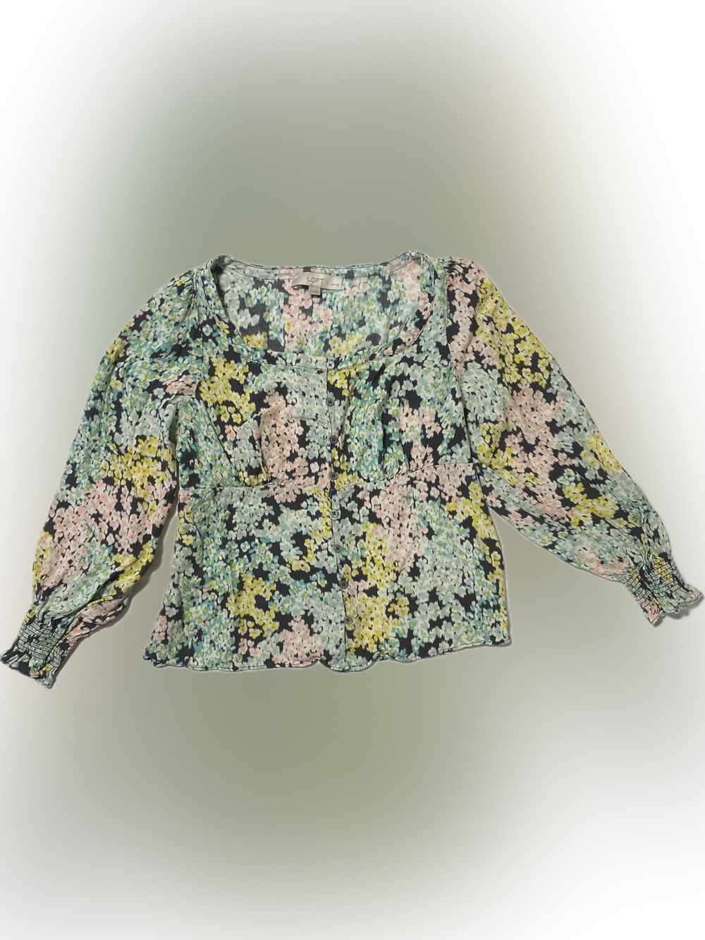 LOFT Floral Button-Up Blouse in Mint, Pink, Yellow